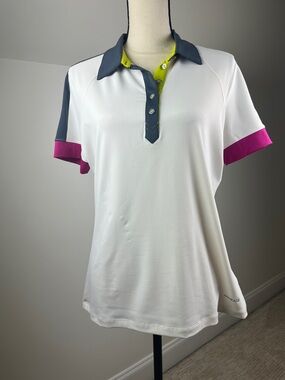 Anika Polo Shirt Top Golf Gray Collar Pink Cuffs Neon Yellow Placket C&B L